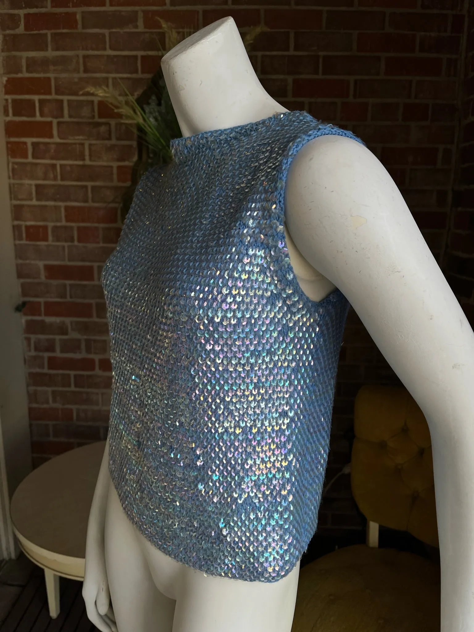 1960s Pastel Blue Sequined Knit Top