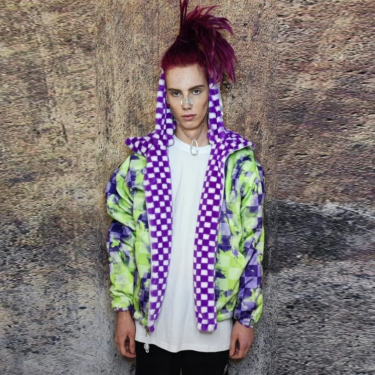 Acid Check hood jacket reversible fluffy fleece chess bomber