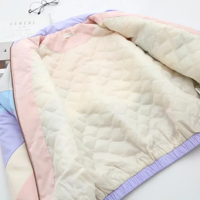 Baggy Jacket Color Matching Embroidered Neckline Cotton-Padded Coat for Women