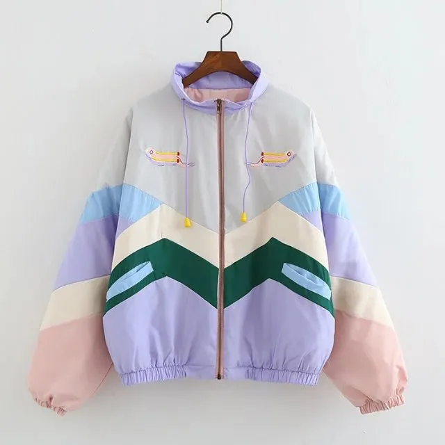 Baggy Jacket Color Matching Embroidered Neckline Cotton-Padded Coat for Women