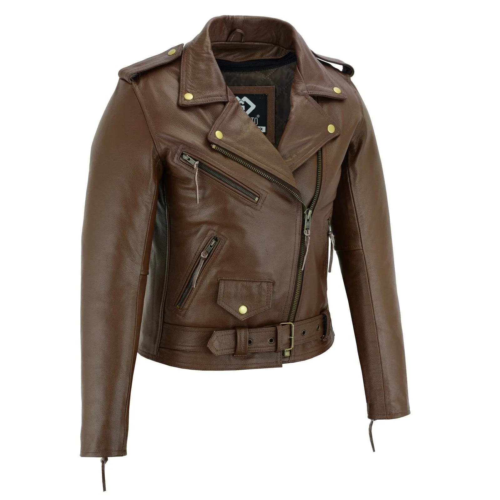 Brown Classic Womens Brando Motorcycle Leather Jacket Ladies Biker Cowhide
