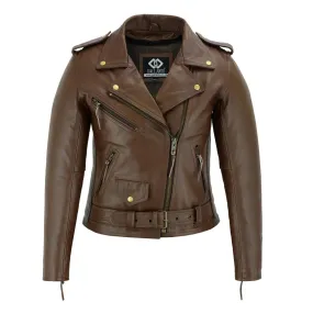Brown Classic Womens Brando Motorcycle Leather Jacket Ladies Biker Cowhide
