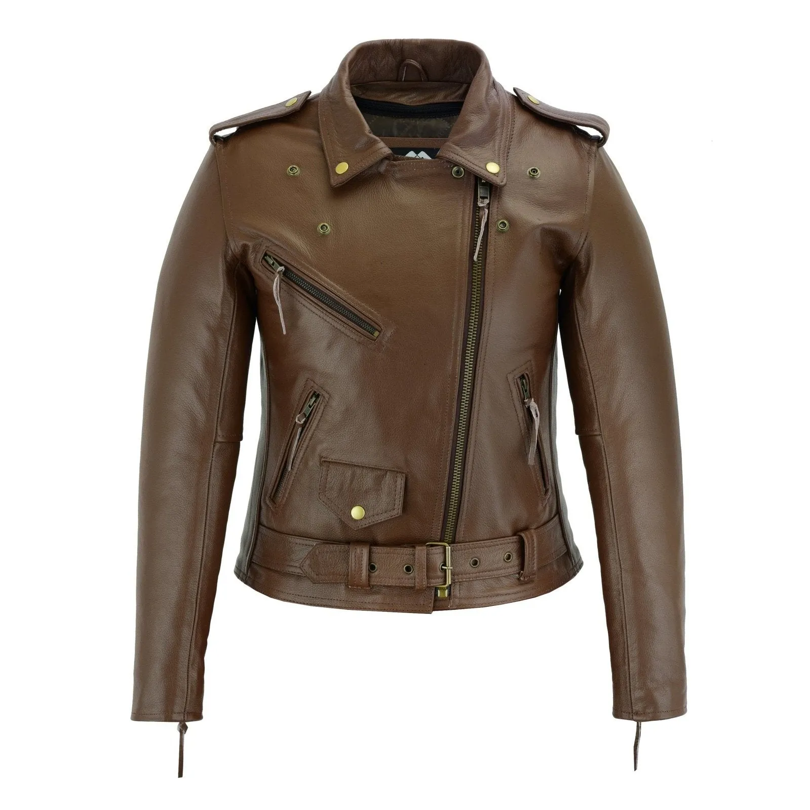 Brown Classic Womens Brando Motorcycle Leather Jacket Ladies Biker Cowhide