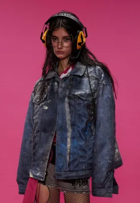 Chain print denim jacket bling jean bomber grunge coat