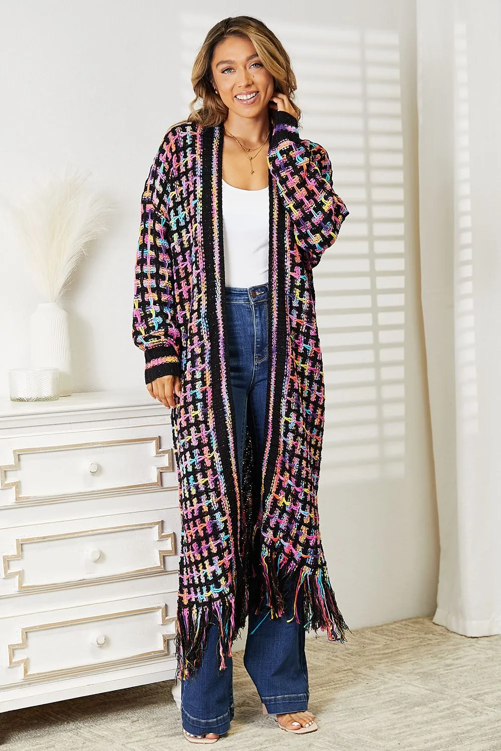 Fall Cardigan Angel Wings Full Size Multicolored Open Front Fringe Hem Cardigan