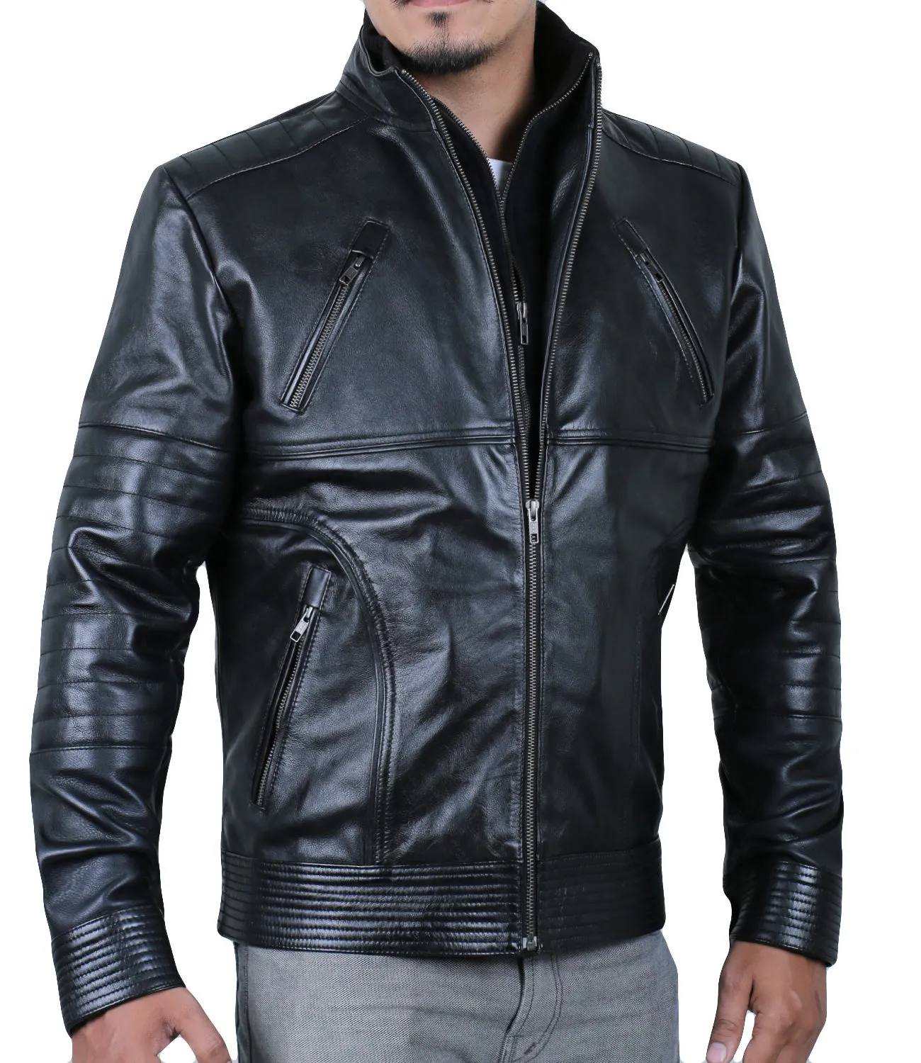 Leather Jackets Hub Mens Genuine Cowhide Leather Jacket (Black, Racer Jacket) - 1501061