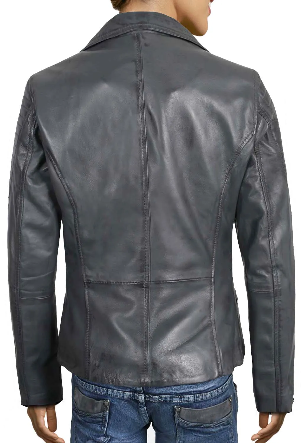 Leather Jackets Hub Womens Genuine Lambskin Leather Jacket (Vax Gray, Double Rider Jacket) - 1821009