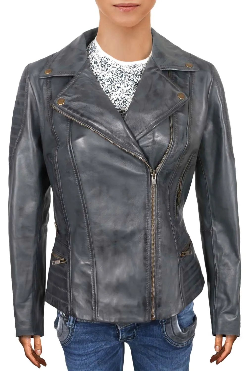 Leather Jackets Hub Womens Genuine Lambskin Leather Jacket (Vax Gray, Double Rider Jacket) - 1821009