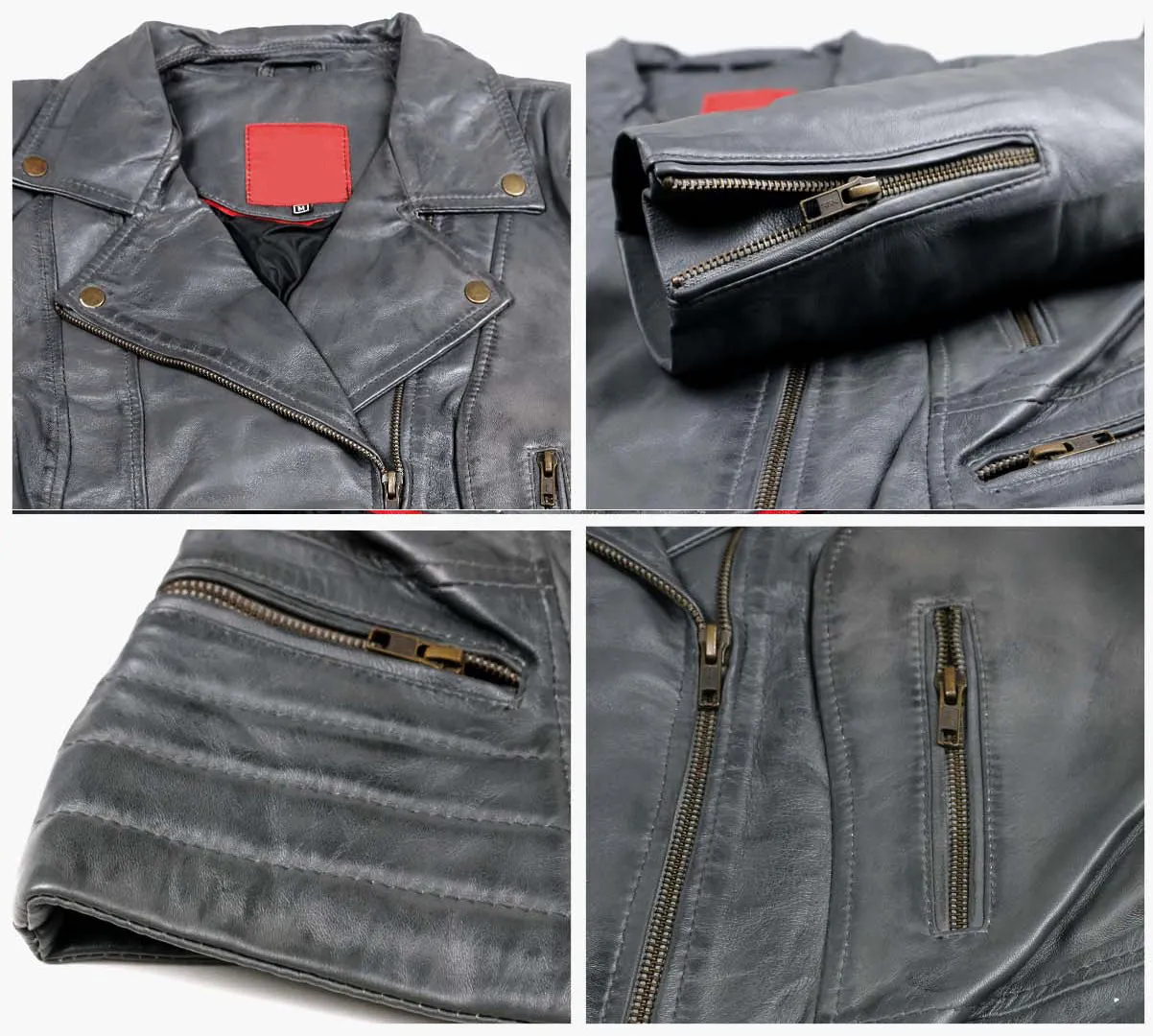 Leather Jackets Hub Womens Genuine Lambskin Leather Jacket (Vax Gray, Double Rider Jacket) - 1821009