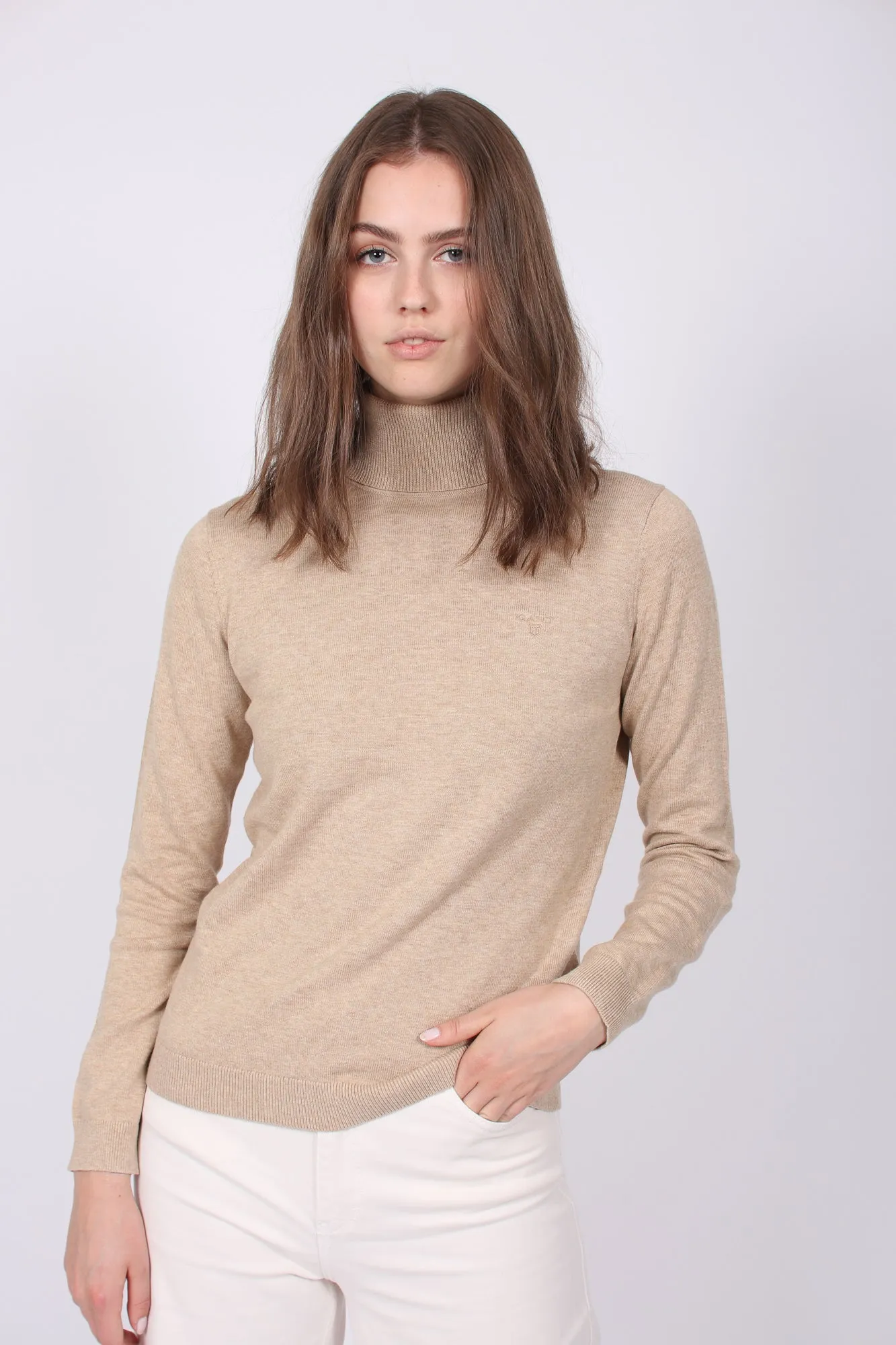 LT Weight Cotton Turtleneck - Sand Melange
