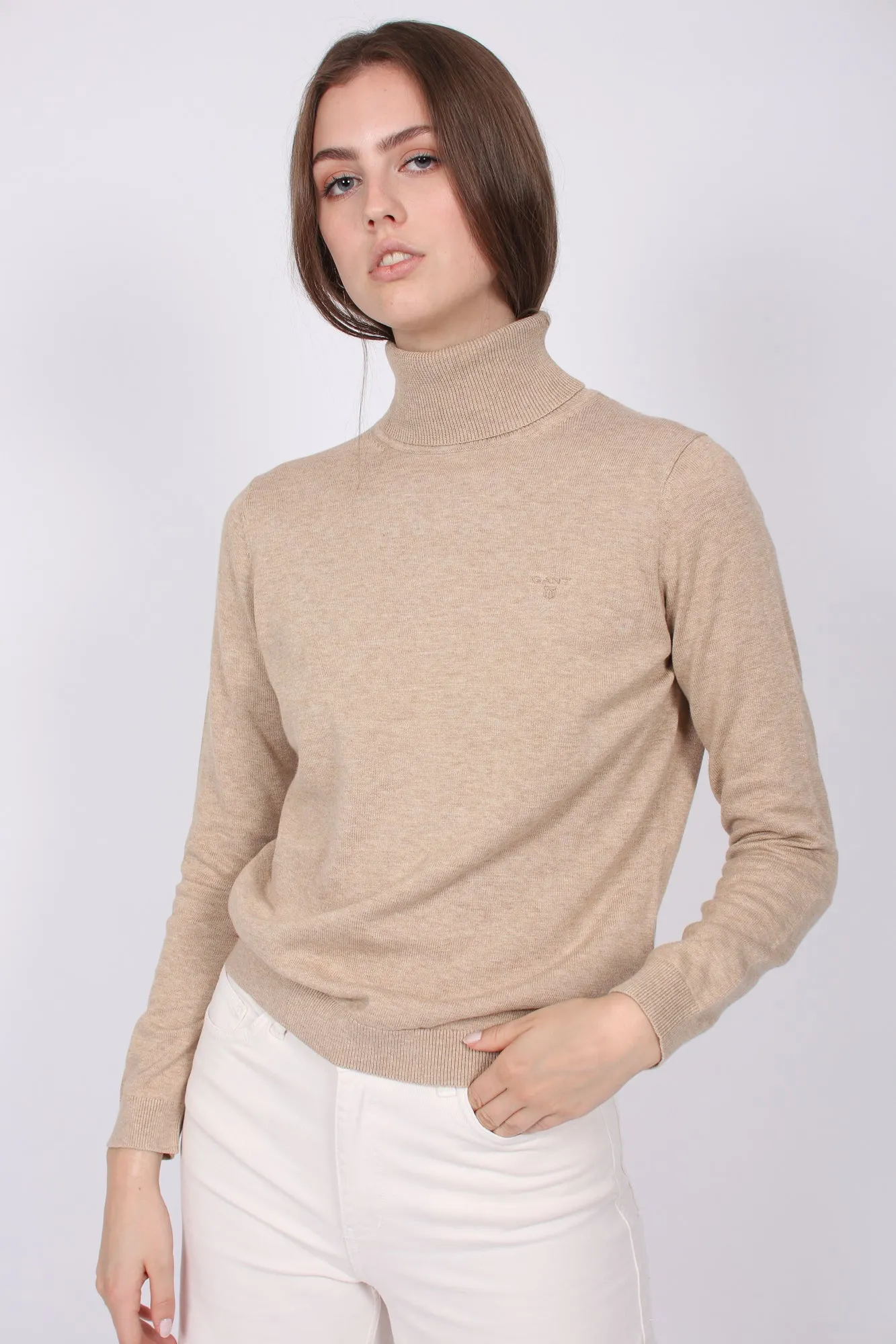 LT Weight Cotton Turtleneck - Sand Melange