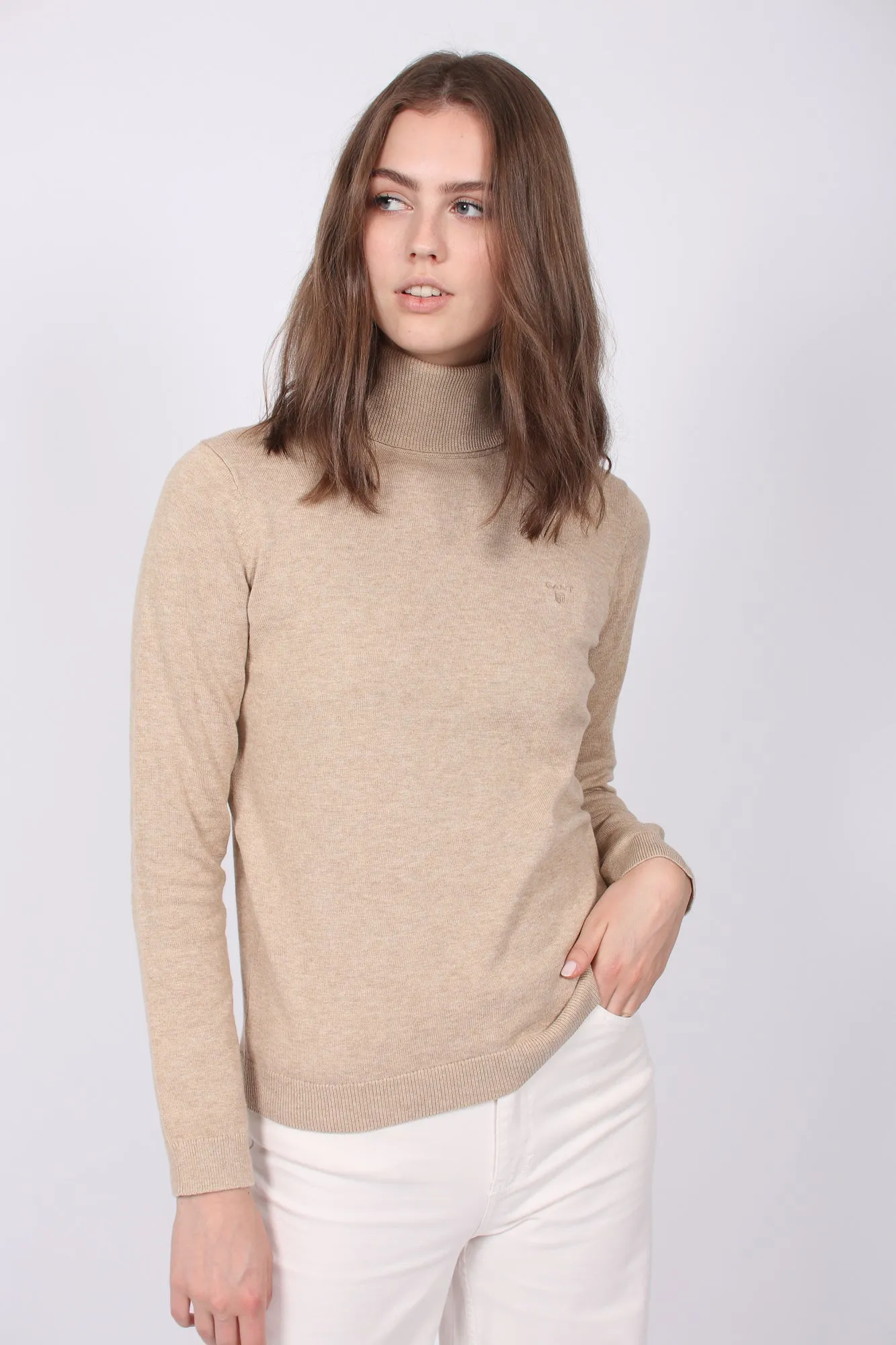 LT Weight Cotton Turtleneck - Sand Melange