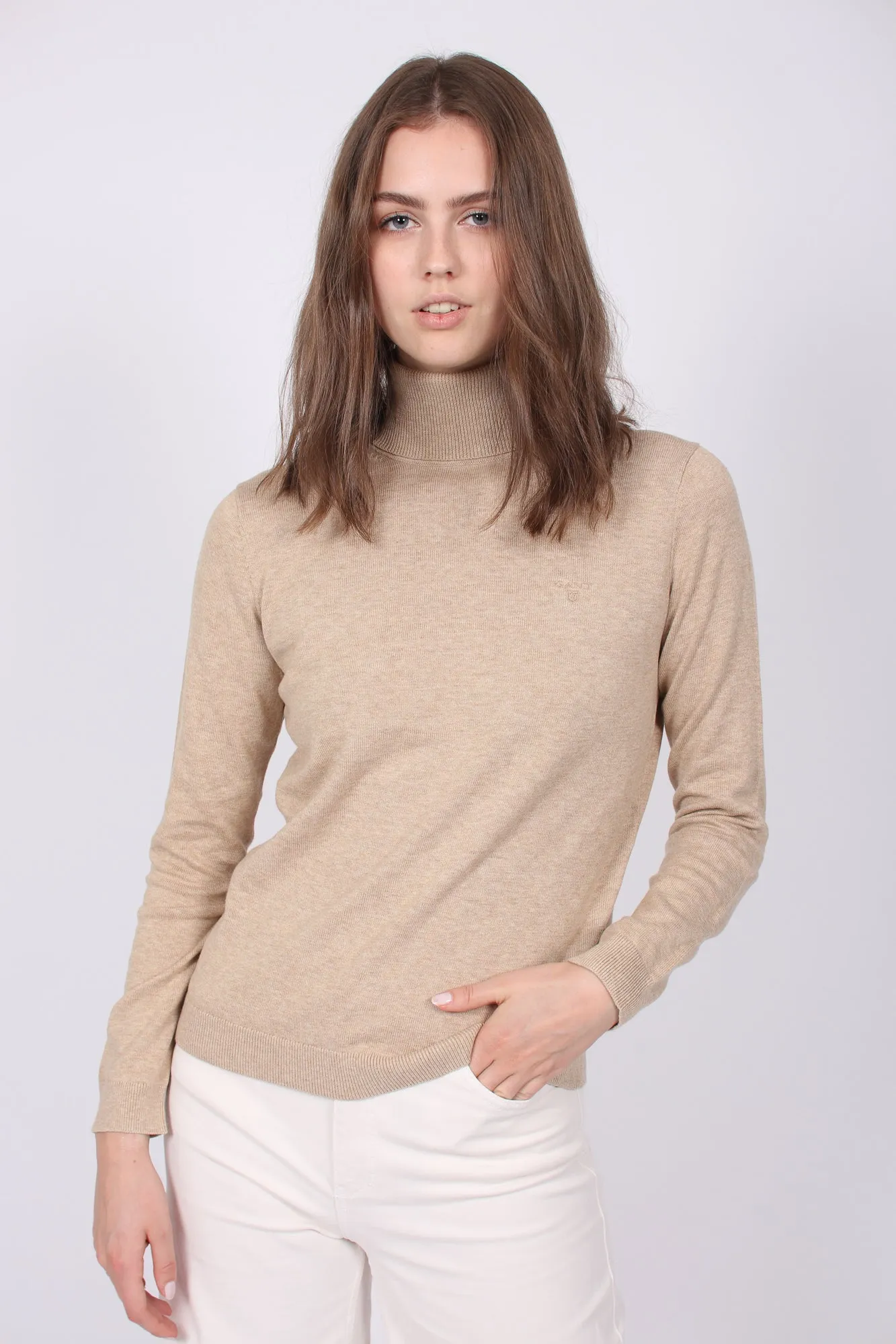 LT Weight Cotton Turtleneck - Sand Melange
