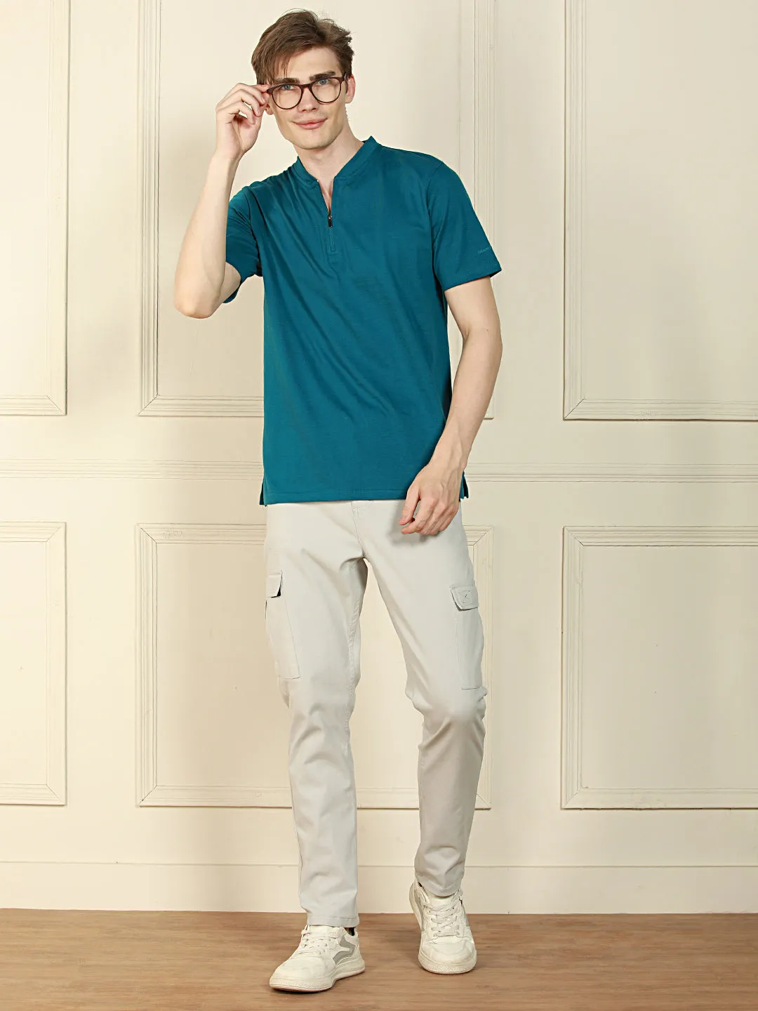 Men's Teal Henley Neck Solid Cotton T-Shirt
