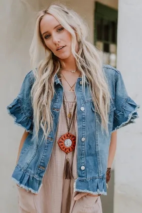 Scottie Ruffle Denim Jacket - Light Blue