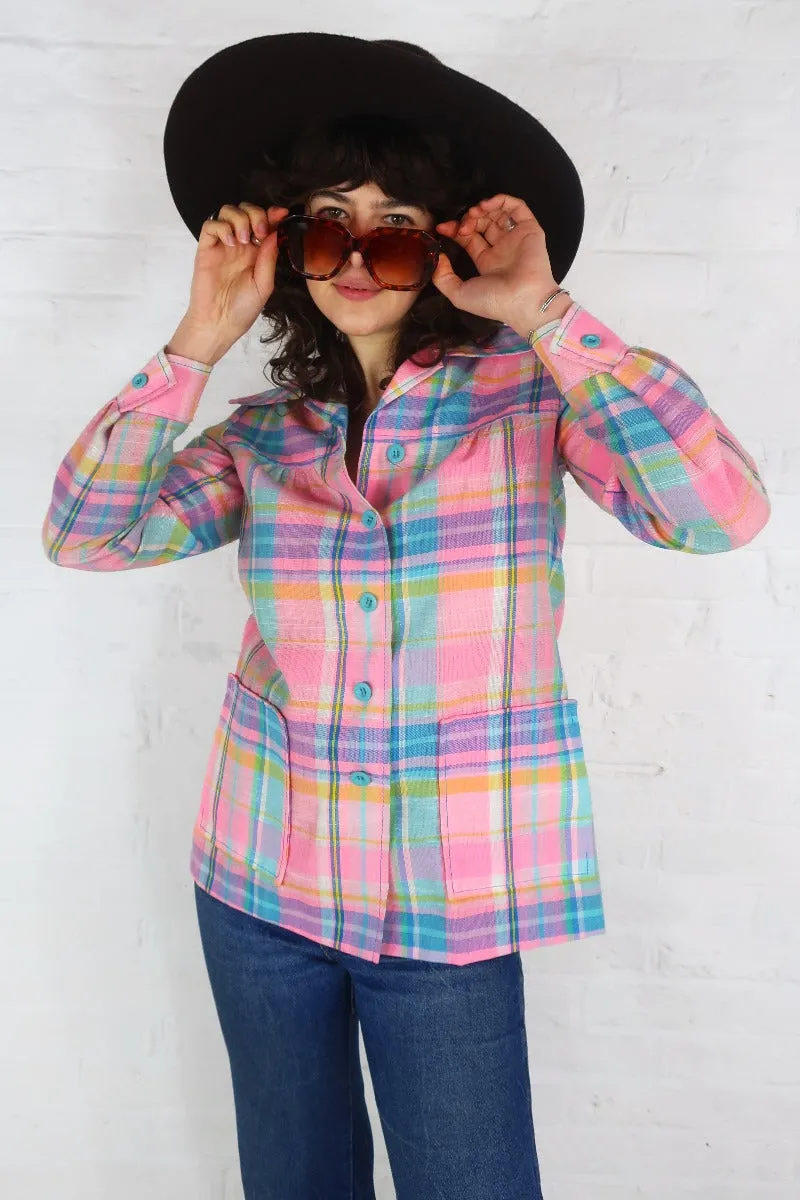 Vintage 70s Jacket / Overshirt - Baby Pink Plaid - Size S