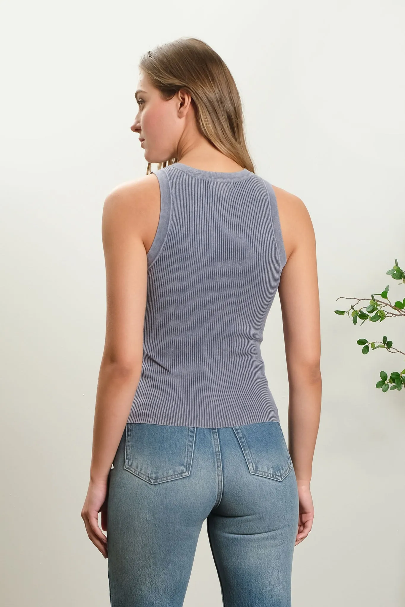 WASHED ROUND NECK SWEATER KNIT TANK TOP
