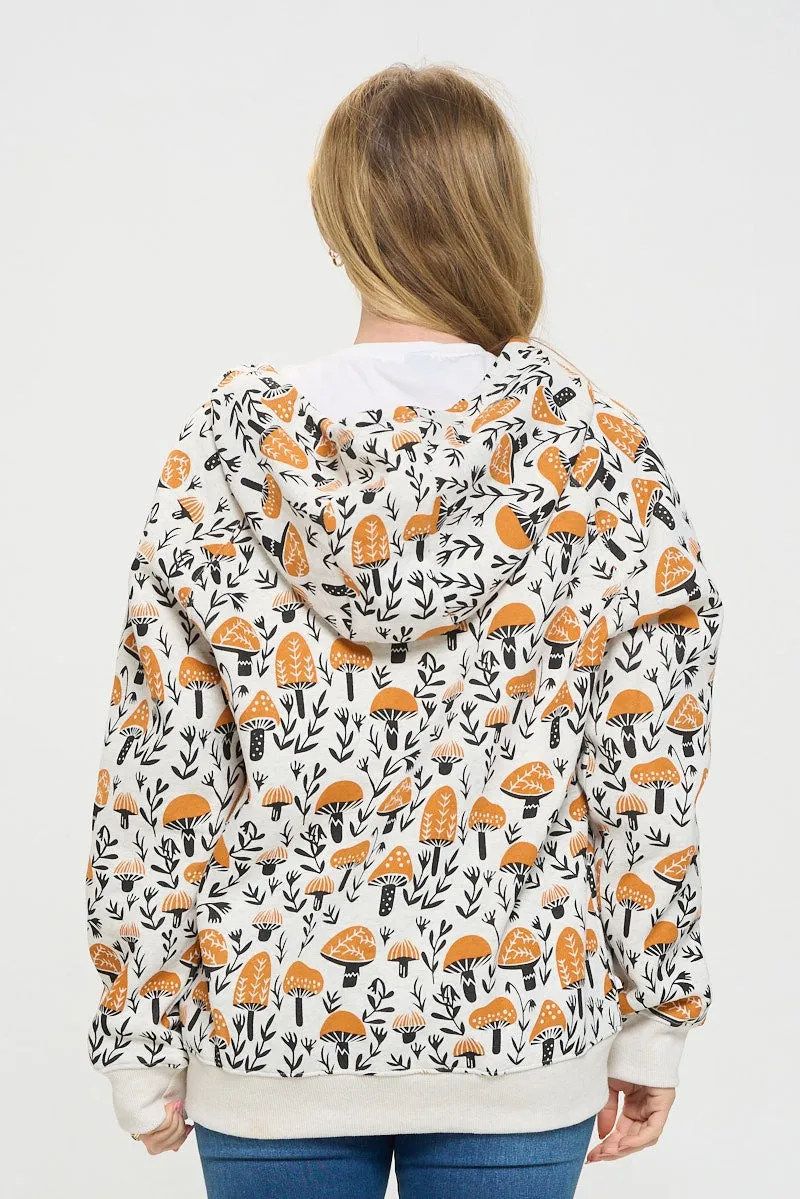 Yellow Mushroom Print Zip Up Hooded Jacket in Grey FINAL SALE
