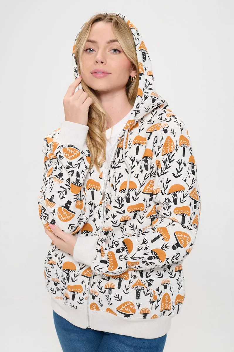 Yellow Mushroom Print Zip Up Hooded Jacket in Grey FINAL SALE