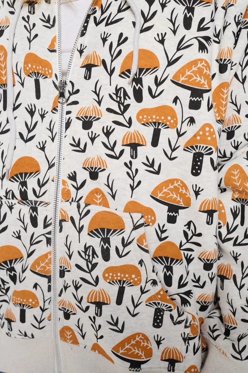 Yellow Mushroom Print Zip Up Hooded Jacket in Grey FINAL SALE