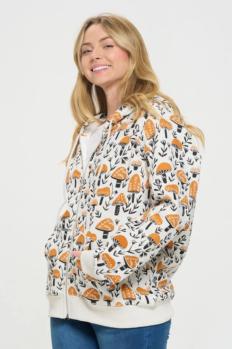 Yellow Mushroom Print Zip Up Hooded Jacket in Grey FINAL SALE