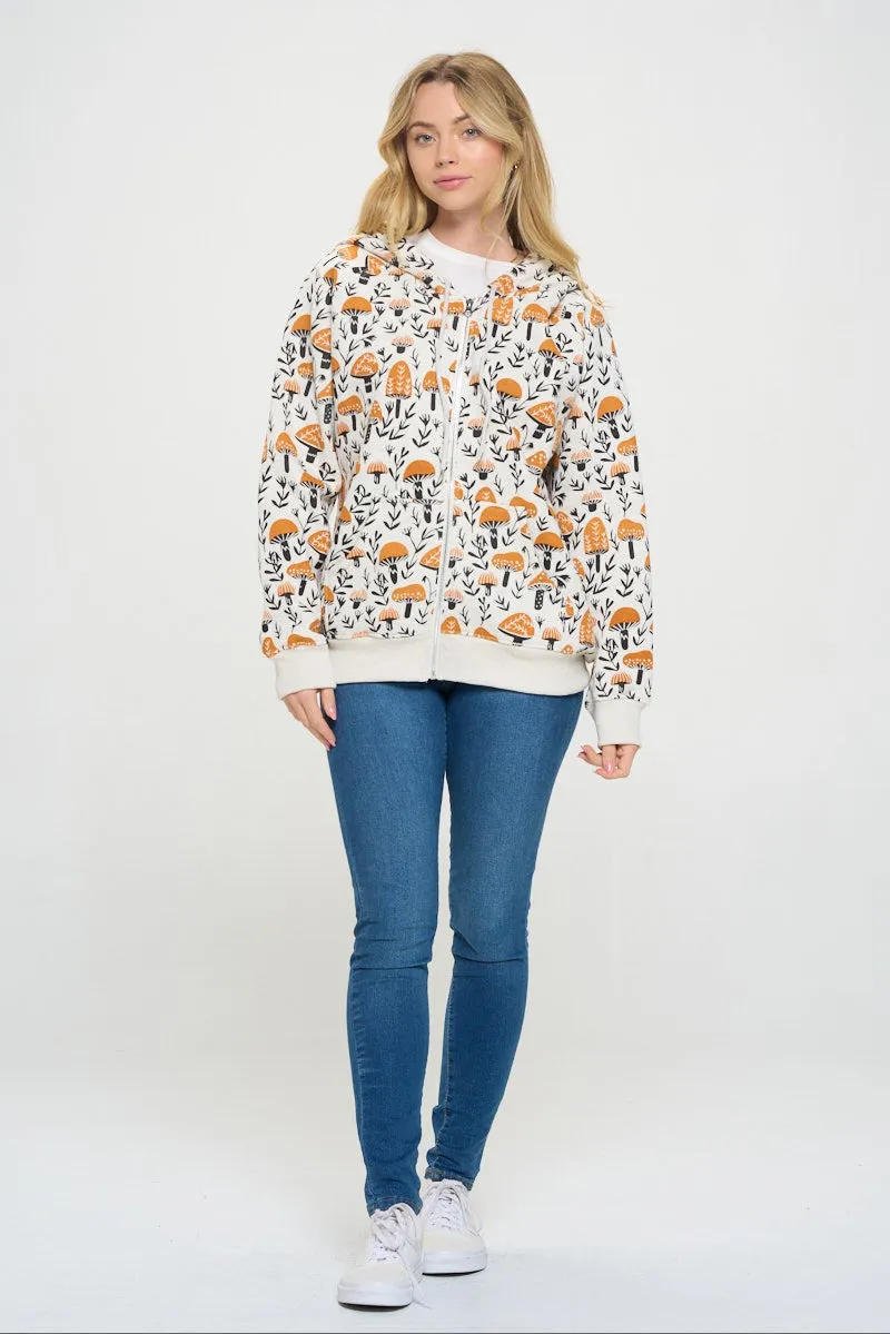 Yellow Mushroom Print Zip Up Hooded Jacket in Grey FINAL SALE